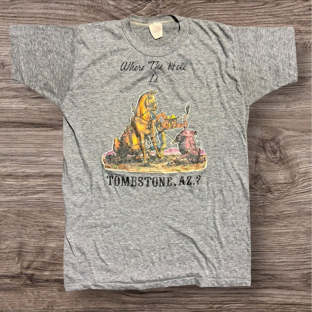 VINTAGE 70s Tombstone ARIZONA SOUVENIR T-SHIRT MEN SZ Large Gray Thin‎